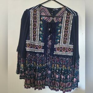 Aqua Navy and Colorful Embroidered Boho Blouse Skze XS